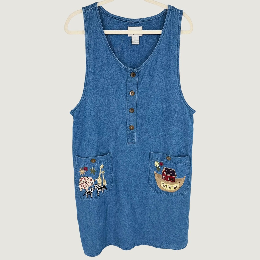VTG 90s Noah's Ark Denim Jumper Dress XL Embroidered Teacher Cottage Novelty